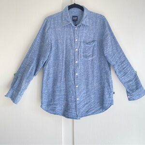GAP Linen Rayon Heathered Light Blue Button-Down Shirt Summer Beach Lagenlook  S